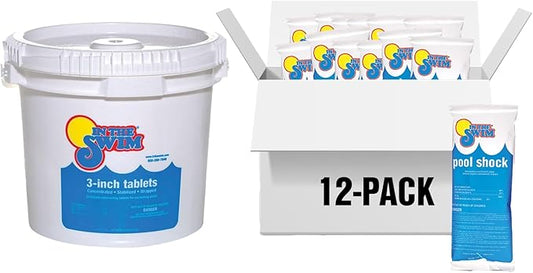 In The Swim Shock and Chlorine Bundle for Sanitizing Swimming Pools – Includes 12 x 1 Pound Bags of 68% Cal-Hypo Pool Shock and 25 Pound Bucket of 3 Inch Stabilized Chlorine Tablets