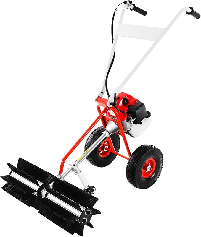 2-Stroke Gasoline Lawn Yard Sweeper, 43cc 8500rpm 1.7hp Handheld Outdoor Leaf Broom Walk-Behind Outdoor Hand Push Sweeper Lawn Cleaning Driveway Tools w/Tool Kit for Sweep Leaves Dirt from Lawns