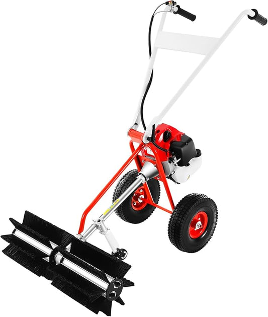 43CC Gas Powered Walk-Behind Outdoor Push Sweeper, 1.7HP 2 Stroke Hand Held Sweeper Snow Sweeping Broom, Driveway Turf Lawns Cleaning Tools with 23.6in Sweeping Width for Leaves Dirt Gravel