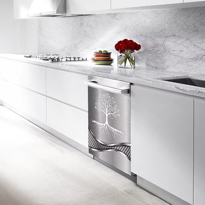 Imitation Stainless Steel Design Tree Painting Dishwasher Magnetic Cover Sticker Refrigerator Door Panel Fridge Appliance Magnet Decal Sheet Kitchen Decor 23x26 inch