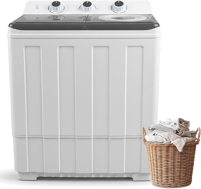 Portable Washing Machine Twin Tub - 14lbs Compact Washer (9,5lbs) and Spinner Dryer (4.5lbs) Combo with Drain Pump - Semi Automatic Washing Machine for Apartments, Dorms, RVs, Camping - Grey
