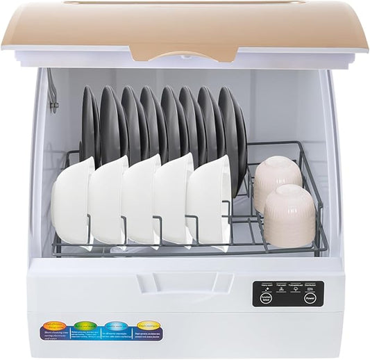 Small Countertop Dishwasher, 4 Washing Programs Neutral Freestanding Dishwasher with 3L Built-in Water Tank, 900W 360° Spraying Water Compact Dishwasher for Homes (900W White Gold)
