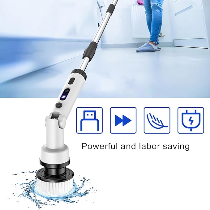 ZJchao Electric Scrubber for Cleaning, Bathroom Cleaning Supplies, Water Proof Cordless with 9pcs Brush Heads and Telescopic Handle for Floors, Bathroom, Kitchen (White)