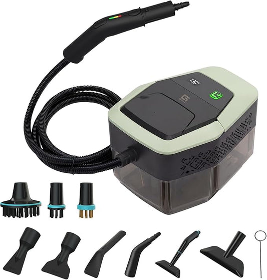 Handheld Steam Cleaner with On-Handle Control & Digital Display | 3 Level Pro Steam for Grease, Tile, Carpet | 45oz Tank, 10 Attachments for Home, Car, Kitchen Deep Cleaning (Green)
