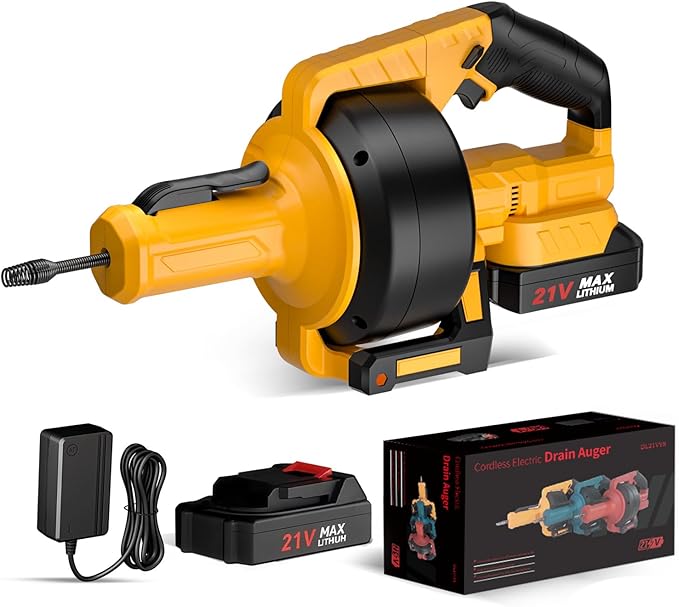 Electric Drain Auger,21V Cordless Drain Snake,25Ft Auto-Feed Snake Drain Hair Removal Tool with 2.0Ah Battery,Sink Snake Drain Cleaner for Sewer,Toilet,Kitchen,Shower 3/4"-2.95" Pipes(Bag&Gloves&Rag）