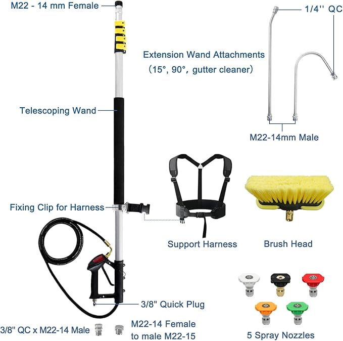 janz Aluminum 24 FT Telescoping Pressure Washer Wand with Pressure Washer Extension Wand,Gutter Cleaner Attachment, 5 Spray Nozzle Tips, 2 Hose Inlet Adapters and Support Harness