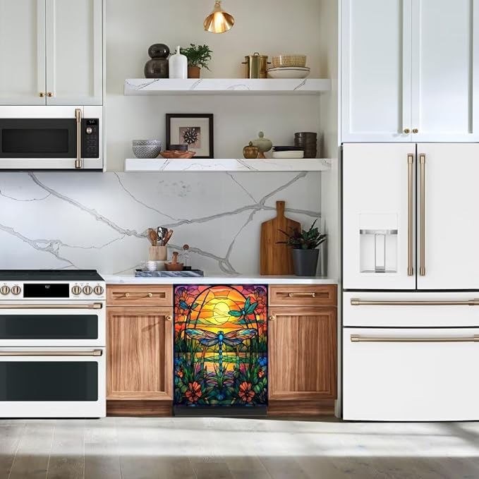 Dragonfly Dishwasher Magnet Cover for Home Appliance, Colorful Glass Art Vinyl Decal for Dish Washer Magnetic Sticker, Spring Flowers Refrigerator Panel Door Cover (23" x 26" Magnetic)
