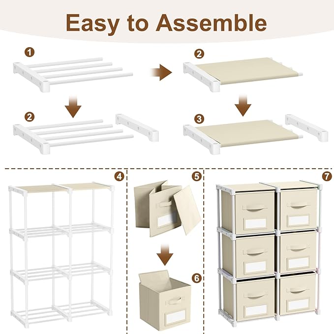Geelin 6 Sets Cube Storage Organizer Bins with Shelf & Labels 11 Inch, Fabric Collapsible Cubby Toys Clothes Storage Drawer Unit for Daycare Nursery Playroom Bedroom Dorm Organizer (Khaki)