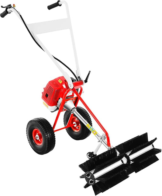 43CC 2-Stroke Gas Push Lawn Sweeper Broom, 1.7 HP Walk Behind Hand Snow Sweeper Handheld Broom Portable Driveway Turf Grass Cleaning Tool for Garden Yard Sidewalk