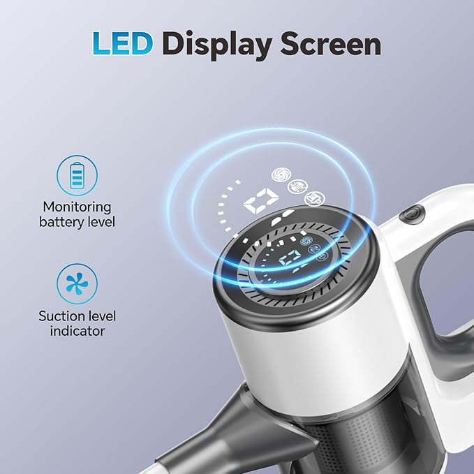 Cordless Vacuum Cleaner for Home, Powerful Stick Vacuum Cleaner with LED Screen and 3-Speed Suction, Rechargeable Vacuum Cordless, Lightweight Handheld Vacuum for Hard Floors Carpets Pet Hair, White