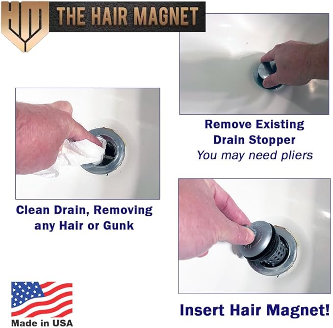 Hair Magnet 2.0 3-in-1 Bathtub Hair Catcher, Tub Stopper & Cleaning Tool – Drain Protector/Strainer Fits 1.5”–1.75” Bath – World’s Only Hair Trap w/Magnet Plug & Hair Remover, Prevent Costly Clogs (4)