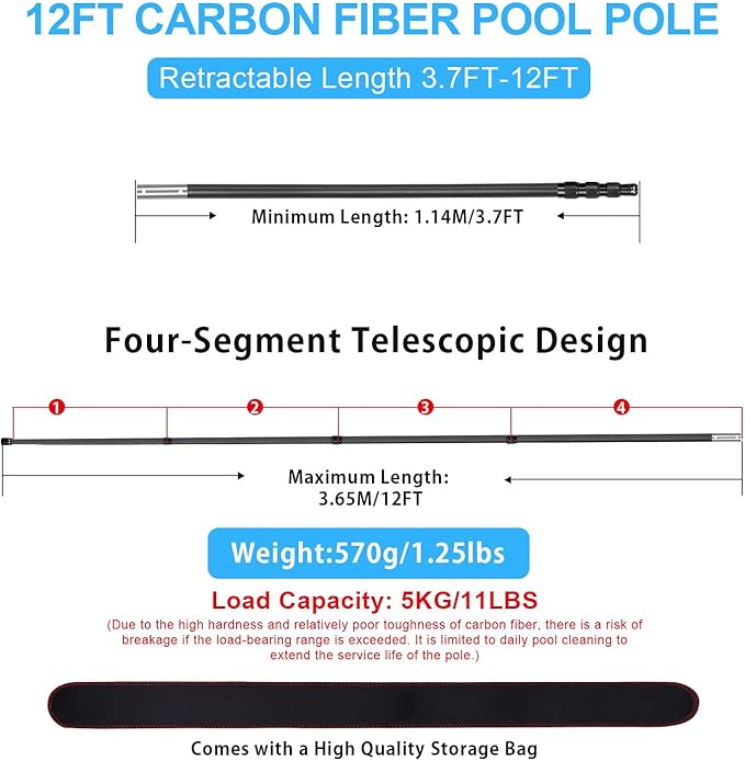 DOBEN Carbon Fiber Pool Pole, Professional Ultralight Pool Poles 3.7 to 12 FT, Telescoping Lightweight Pool Cleaning Pole, Heavy Duty Pool Pole for Skimmer Net, Brush, Vacuum Head 12FT
