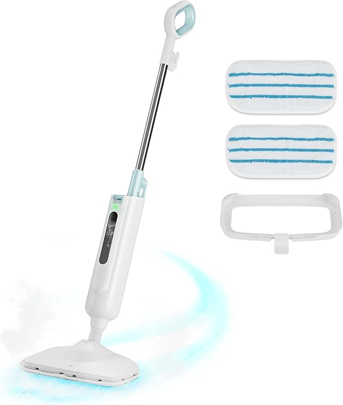 Steam Mop for Floor Cleaning, Lightweight Floor Steamer for Hardwood, Tile, Laminate & Carpet, Quick-Heat Steam Cleaner with Visible Water Tank and 2 Washable Pads, White and Green
