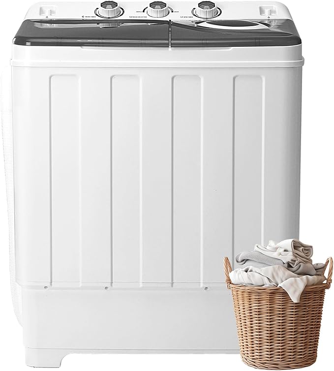 Portable Washing Machine, 28lbs Twin Tub with Drain Pump - 18lbs Washer and 10lbs Spinner Combo, Semi-Automatic Compact Laundry Machine for Apartments, Dorms, RVs, Camping - Grey