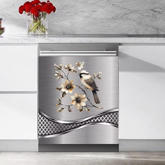 Imitation Stainless Steel Design Bird Pattern Dishwasher Cover Magnetic Sticker Refrigerator Door Panel Cover Fridge Appliance Magnet Decal Sheet 23x26 inch