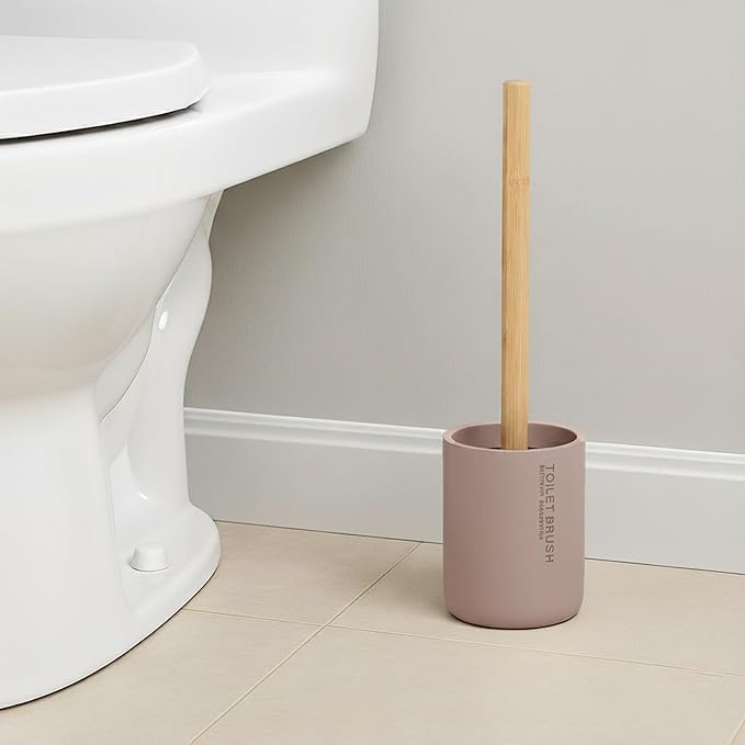 Compact Cappuccino Toilet Brush and Holder Set with Natural Bamboo Handle - Durable Toilet Bowl Brush for Deep Bathroom Cleaning