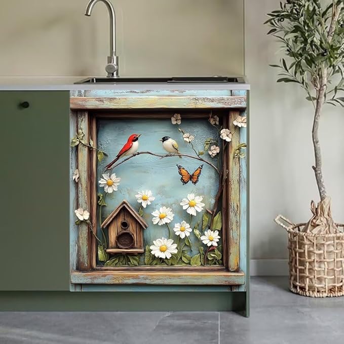 Kitchen Decor Dishwasher Magnet Cover Decal, Rustic Farm Floral Window Birds and Flowers, Magnetic Dish Washer Panel Door Vinyl Sticker, Refrigerator Magnets,Easy to Clean, 23 x 26 inch