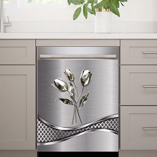 Stainless Steel Flower Wallpaper Dishwasher Cover Decorative Magnetic Sticker Kitchen Refrigerator Covers for The Front Fridge Door Magnet 23W x 17H inchs