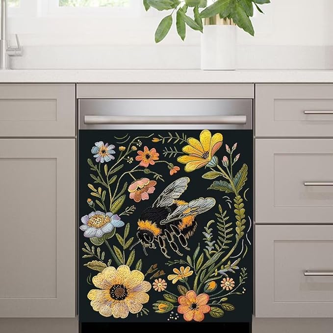 Flower and Bee Painting Dishwasher Magnet Cover Sticker,Refrigerator Magnet Cover Decal Fridge Magnetic Stickers Home Kitchen Decor,23W x 17H inchs