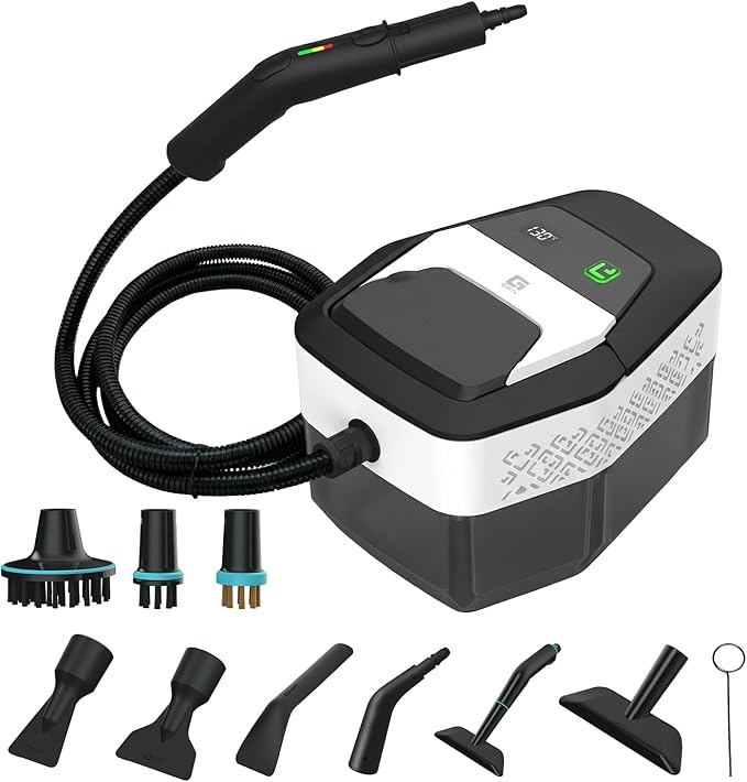 Handheld Steam Cleaner with On-Handle Control & Digital Display | 3 Level Pro Steam for Grease, Tile, Carpet | 45oz Tank, 10 Attachments for Home, Car, Kitchen Deep Cleaning (White)