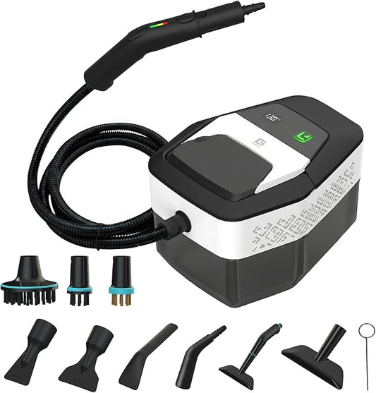 Handheld Steam Cleaner with On-Handle Control & Digital Display | 3 Level Pro Steam for Grease, Tile, Carpet | 45oz Tank, 10 Attachments for Home, Car, Kitchen Deep Cleaning (White)