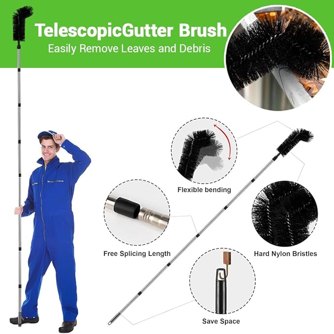 Gutter Cleaning Tools, 12ft Adjustable Length Telescopic Pole Gutter Cleaning Tools from The Ground,9 Stainless Steel Tubes Gutter Cleaning Tools with 2 Brushes Green