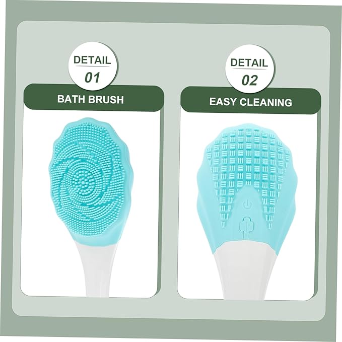 Electric Waterproof Shower Brush Long Handle Bath Scrubber for Men and Women Silicone Back Cleaning Tool Dual Sides for Exfoliating and Massaging