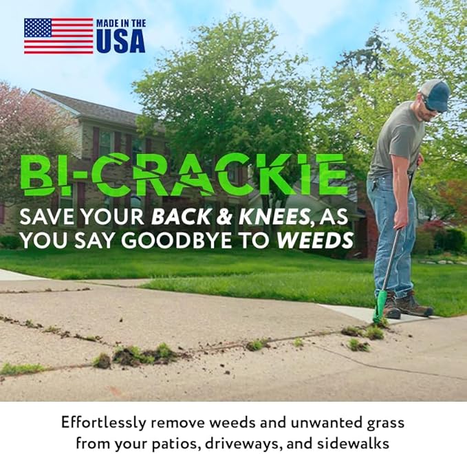 BICRACKIE Stand-Up Crack Weeding Tool with 60" Steel Pole; Steel Blade with 2-Sized, 5" Tapered Ends for Driveways, Patios, Sidewalks, Pavers to Remove Weeds Easily; Made in USA