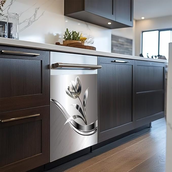 Dishwasher Covers Decorative Magnetic Sticker,Stainless Steel Style Background Flower Pattern Refrigerator Front Panel,Kitchen Decor Fridge Magnet Cover Decor,23 x 26inchs
