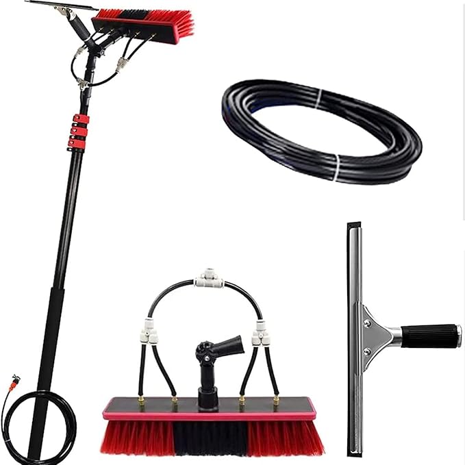 Water Fed Pole, Outdoor Window Window Cleaning Tool (Glass, Solar Panel, Etc.) Professional 3-in-1 Kit: Scrubber Brush W/Spray Washer Window Squeegee 7.2Rod Length 30brush