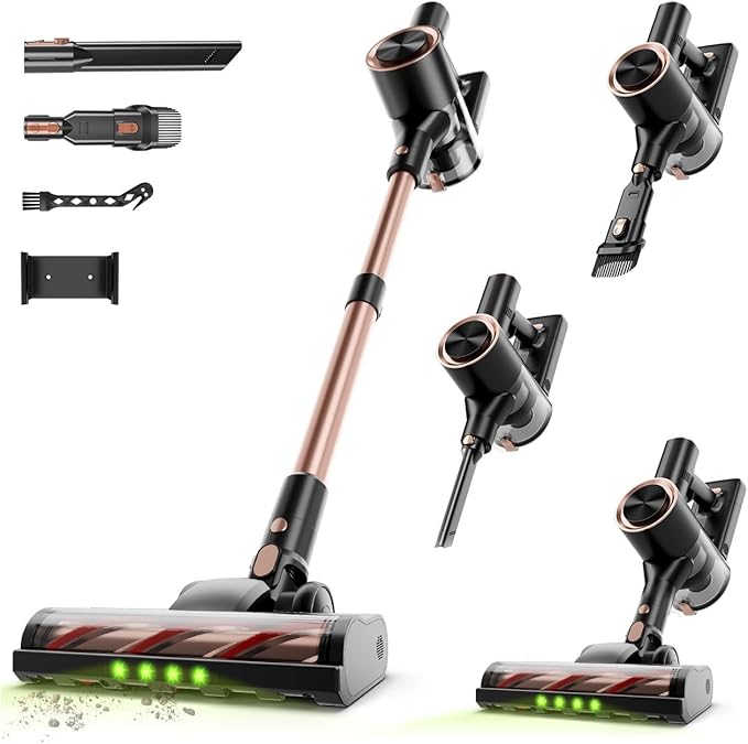 Cordless Stick Vacuum Cleaner - 45KPA Powerful Suction Vacuum with 45 Min Runtime, Detachable Battery, Anti-Tangle & 1.5L Dust Cup, 8 in 1 Vacuum Cleaner for Pet Hair, Carpet, HardFloor, Gold