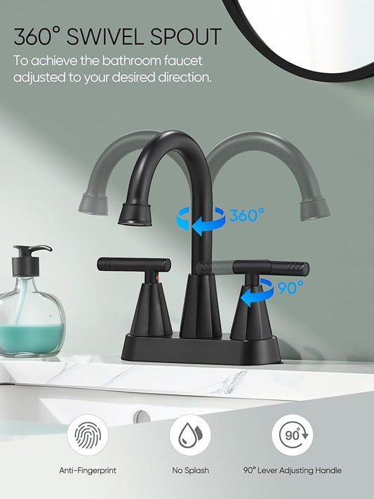 Cobbe Bathroom Faucets for Sink 3 Hole, 4 Inch with Pop Up Drain and 2 Supply Hoses, 2 Handle Centerset Bathroom Faucet for Sink Vanity, Midnight Black Matte, 2 Pack