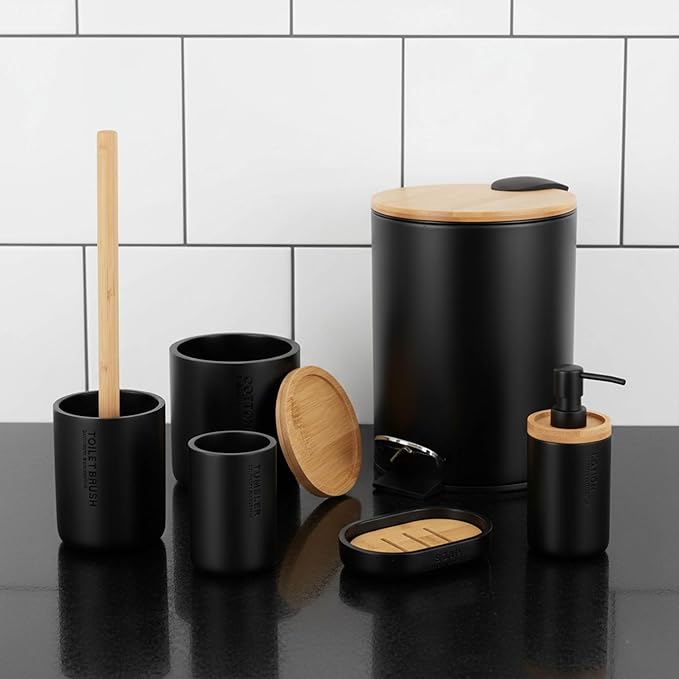 Sleek Matte Black Toilet Brush Holder with Bamboo Handle - Polyresin Bathroom Cleaning Tool Set (Black, Toilet Bowl Brush Only)