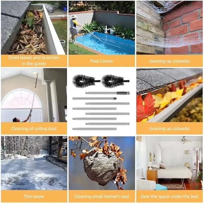 Telescopic Gutter Cleaning Tool With Flexible, Bendable Brush Head For Efficient Removal Of Leaves And Debris From Roofs