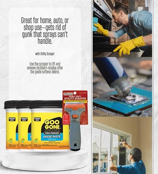 3x Goo Gone Paste Remover 20 oz Bundle with Utility Scraper – Removes Grime, Grease, Rust Stains, and Adhesives from Metal, Tile, and More with Citrus Cleaning Power – Gift Set (4 Items).