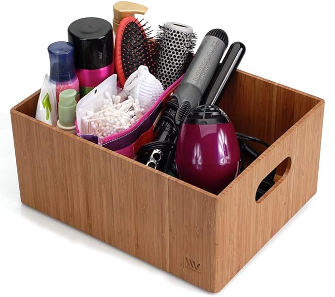MobileVision Bamboo Bathroom Bin Organizer for Toiletries, Make Up & Cosmetics, Brushes, Styling Tools & Products, Cleaning Supplies, Toilet Paper 14” x 11” x 6.5” With White Clip Included