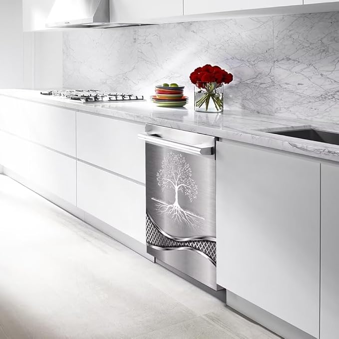Stainless Steel Design Tree Pattern Dishwasher Magnetic Cover Sticker Refrigerator Door Panel Fridge Appliance Magnet Decal Sheet Kitchen Decor 23x17 inch