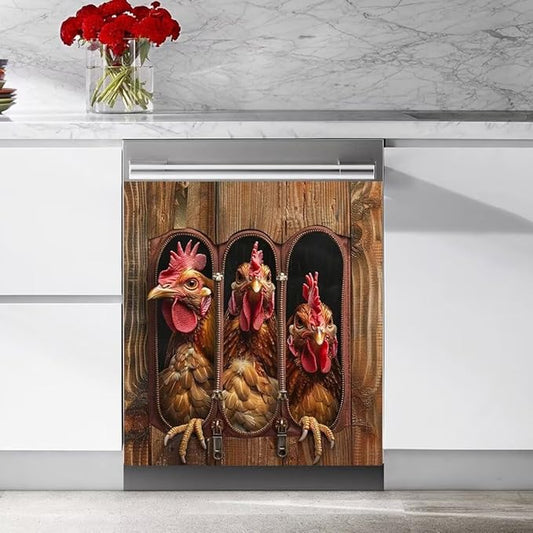 Wood Board and Rooster Painting Dishwasher Magnet Cover Sticker Magnetic Refrigerator Panel Sticker Decorative Front Door Decal 23W x 17H inchs