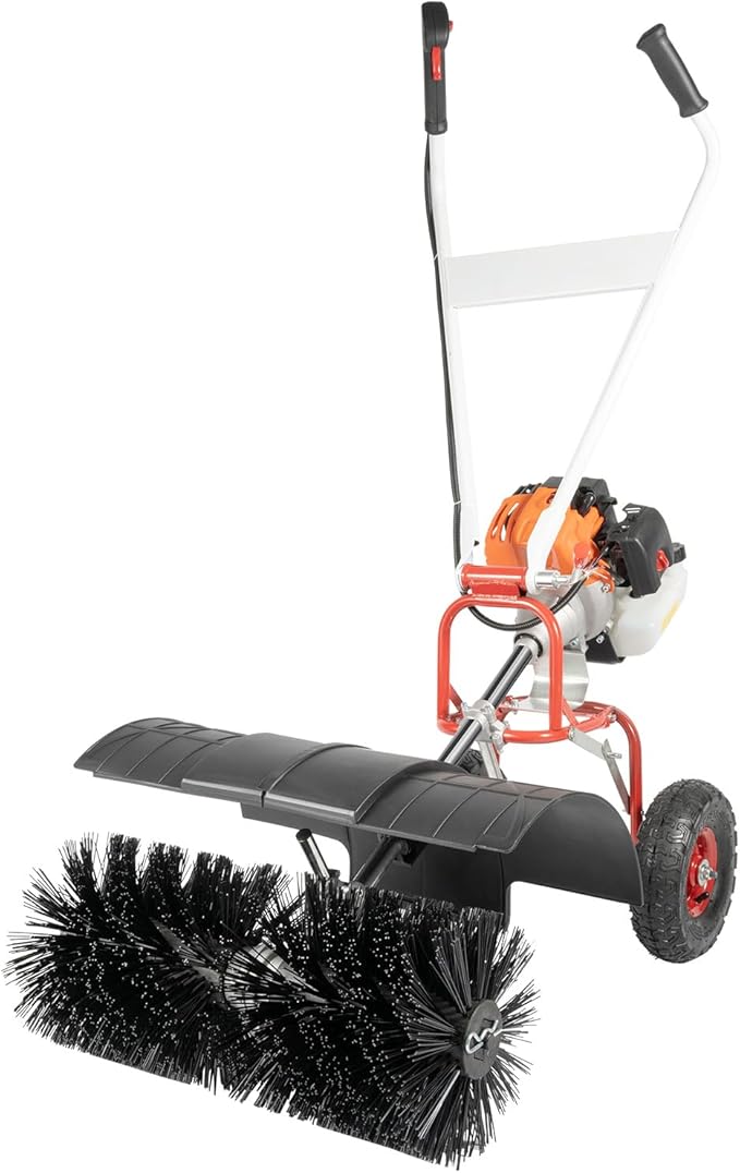 2-Stroke 52CC Walk Behind Power Sweeper Broom, 2.5HP Fuel Engine Sweepers Snowplow Broom Driveway Lawns Artificial Grass Power Brush Lawn Sweeper Cleaner Tools Air-Cooled for Street Farms