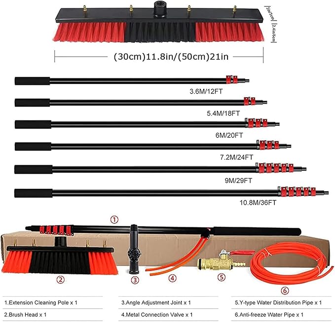 Window Cleaner Kit, Roof Cleaning Tools, With Extension Pole 30Ft/9M Telescopic Window Washing Equipment With Bendable Head For Cleaning Home Windows Glass Cars Solar Panel Clean,30cm Brush Head,10.8