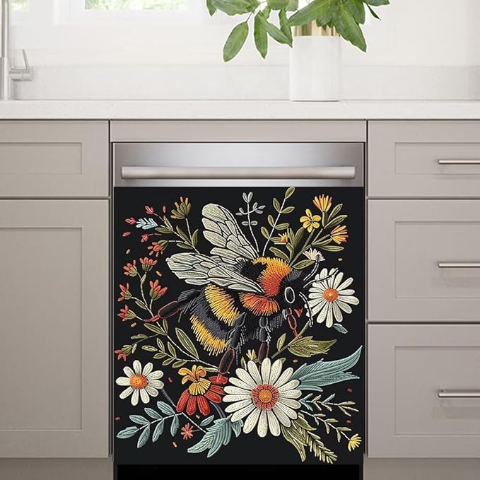 Flower and Bee Pattern Dishwasher Magnet Cover Sticker,Refrigerator Magnet Cover Decal Fridge Magnetic Stickers Home Kitchen Decor,23W x 17H inchs