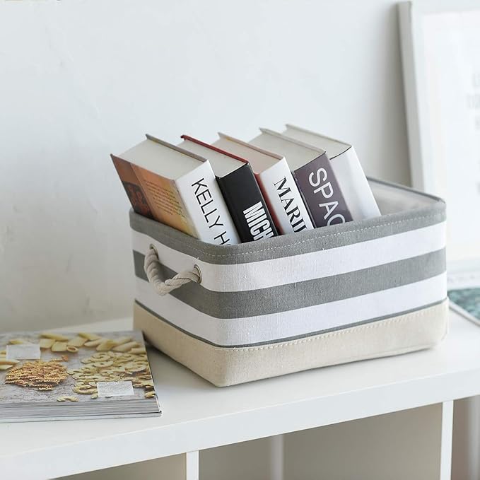 TheWarmHome Storage Basket Fabric Basket with Handles Dog Toy Basket Cloth Storage Bin Shelf Basket Decorative Storage Basket Shoe Basket Gift Basket(Grey&White Stripes-1 Pack,15.7L??11.8W??8.3H)
