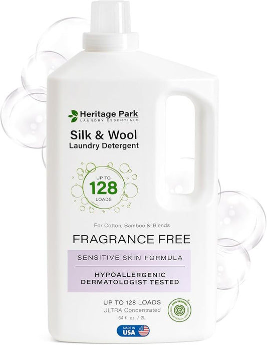 Heritage Park Silk & Wool Fragrance Free, Hypoallergenic, pH-Neutral Laundry Detergent - Dermatologist-tested, Sensitive Skin-Friendly, Enzyme-Free, Concentrated Up to 128 loads (64 fl oz)