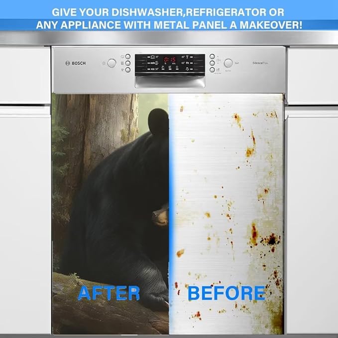 Forest Animal Bears Kitchen Dishwasher Magnet Cover Decoration, Mother Bear with Two Cubs Dishwasher Panel Decal Magnetic, Black Bear Refrigerator Front Door Cover, 23" x 26" Magnetic