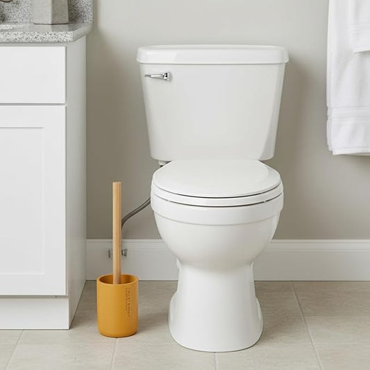 Compact Mustard Yellow Toilet Brush and Holder Set with Natural Bamboo Handle - Durable Toilet Bowl Brush for Deep Bathroom Cleaning