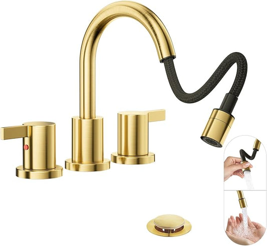 Phiestina Pull Down Sprayer Brushed Gold 8 Inch Bathroom Sink Faucet, 2 Handles 3 Hole Widespread Pull Out Bathroom Faucet，with Pop Up Drain and Water Supply Line,BF04022-K01-BG