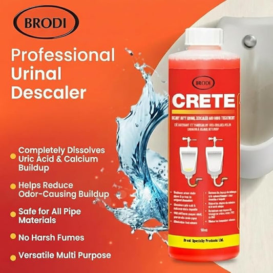 Brodi CRETE Urinal Drain Cleaner, Commercial Grade, Restores Pipes to Original Diameter, Urinal Descaler & Deodorizer, Safe for Pipes, No Harsh Fumes, Urine Salt Remover, 16 Fl Oz (Pack of 6)