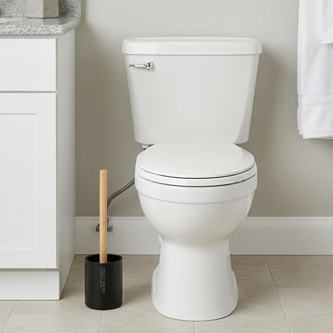 Sleek Matte Black Toilet Brush Holder with Bamboo Handle - Polyresin Bathroom Cleaning Tool Set (Black, Toilet Bowl Brush Only)