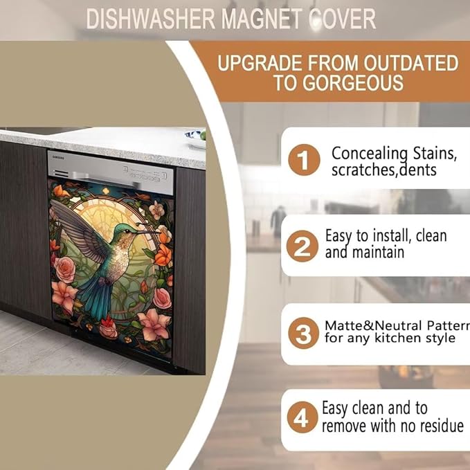 Hummingbird Kitchen Dishwasher Magnetic Panel Decal, Spring Flowers Refrigerator Magnet Cover, 23" x 26" (Magnetic)