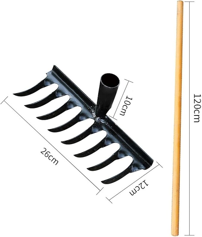 Garden Tool for Soil Preparation Wooden Handle Rake for Flower Beds, 8 Teeth 26x12x10cm